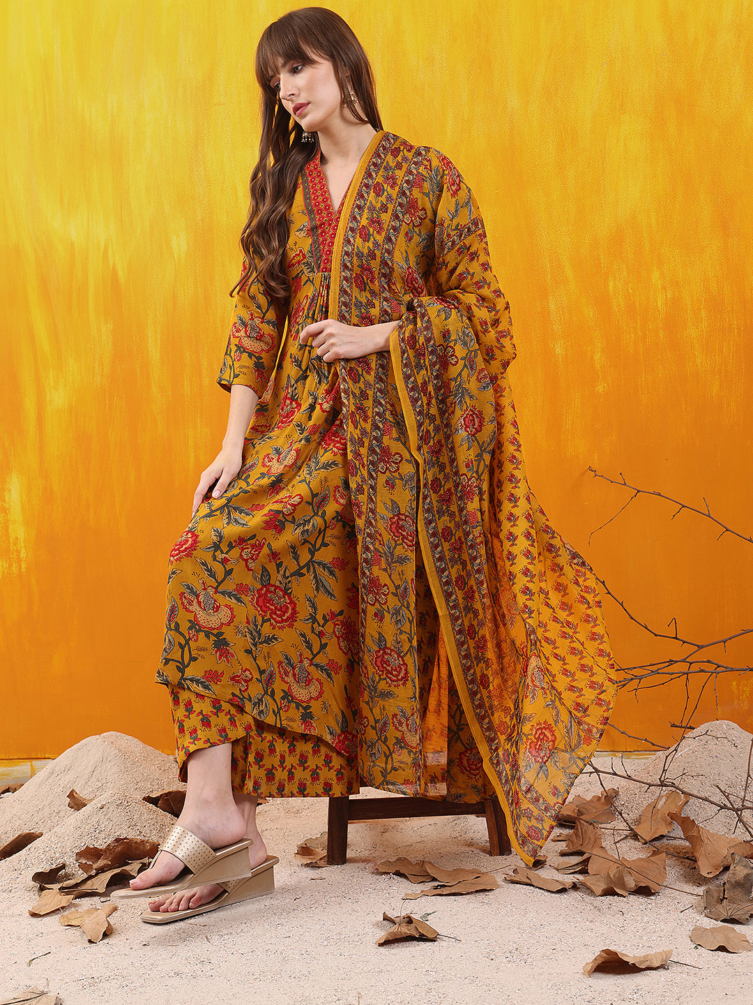 Floral Printed A-Line Flared Kurta With Palazzo & Dupatta, Mustard - Hiral Fashion | Grocsy
