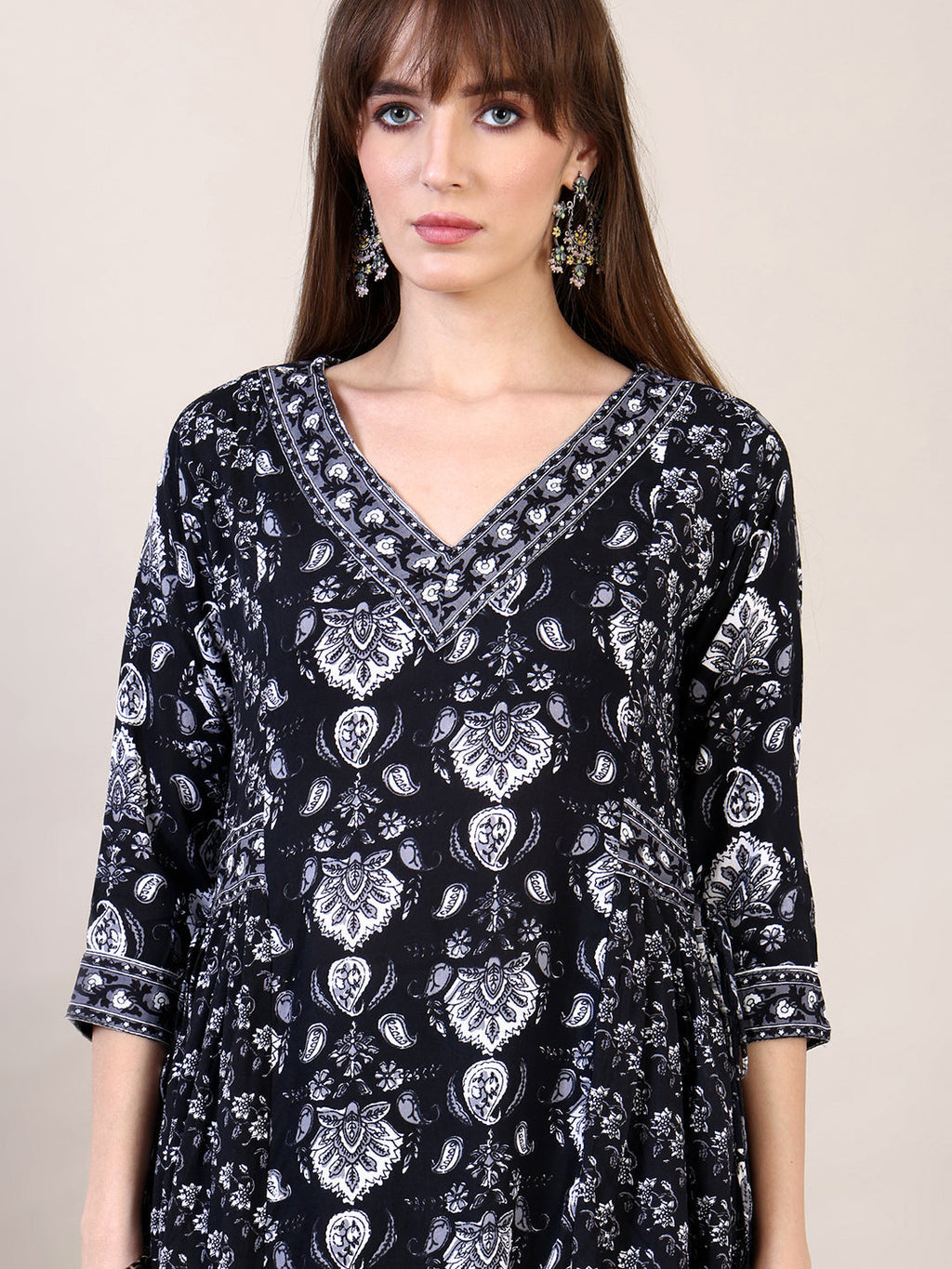 Printed Flared Kurta With Afghani Pant & Dupatta, Black - Hiral Fashion | Grocsy