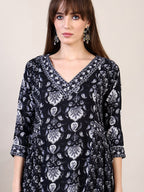 Printed Flared Kurta With Afghani Pant & Dupatta, Black - Hiral Fashion | Grocsy