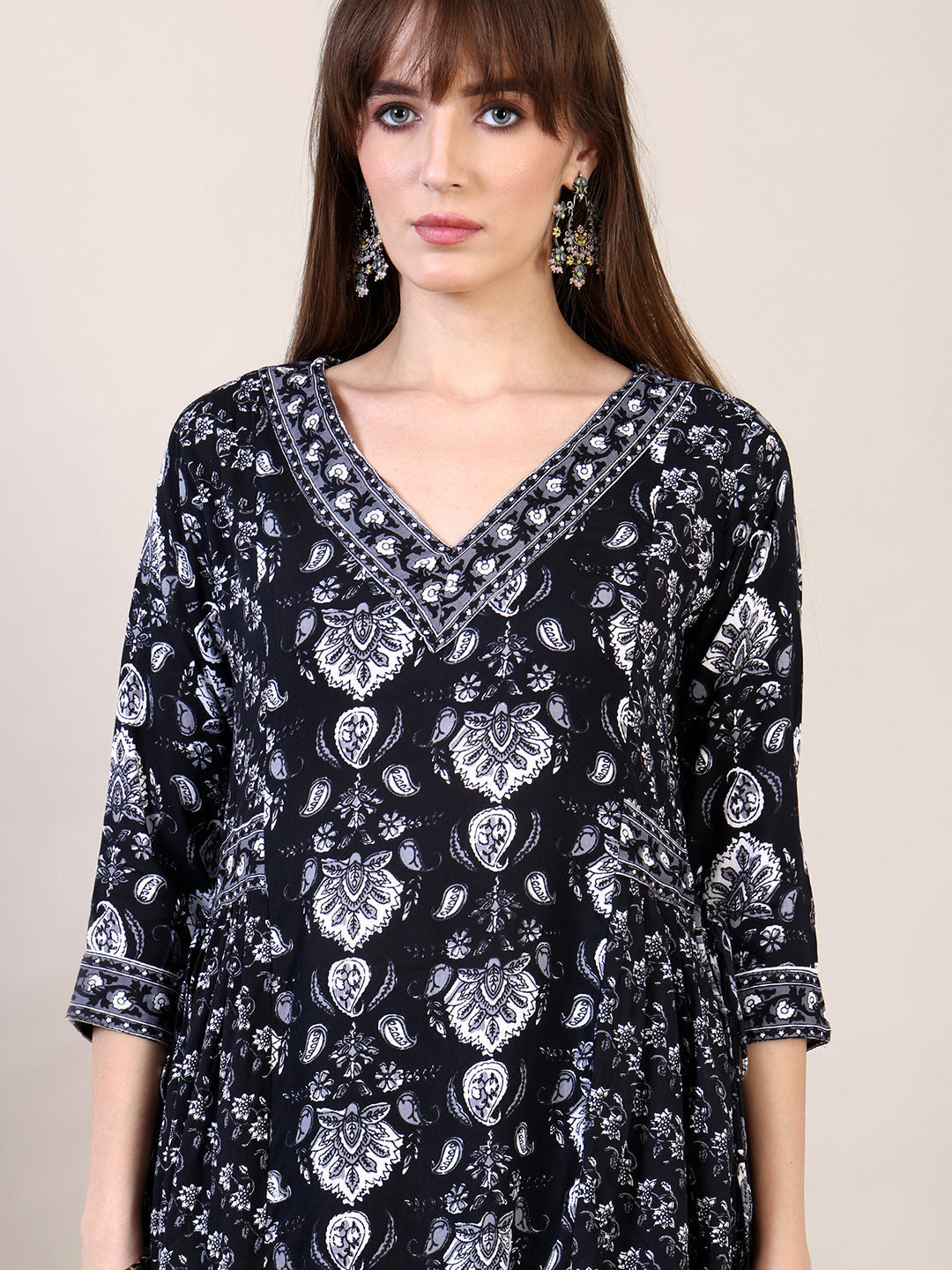 Printed Flared Kurta With Afghani Pant & Dupatta, Black - Hiral Fashion | Grocsy