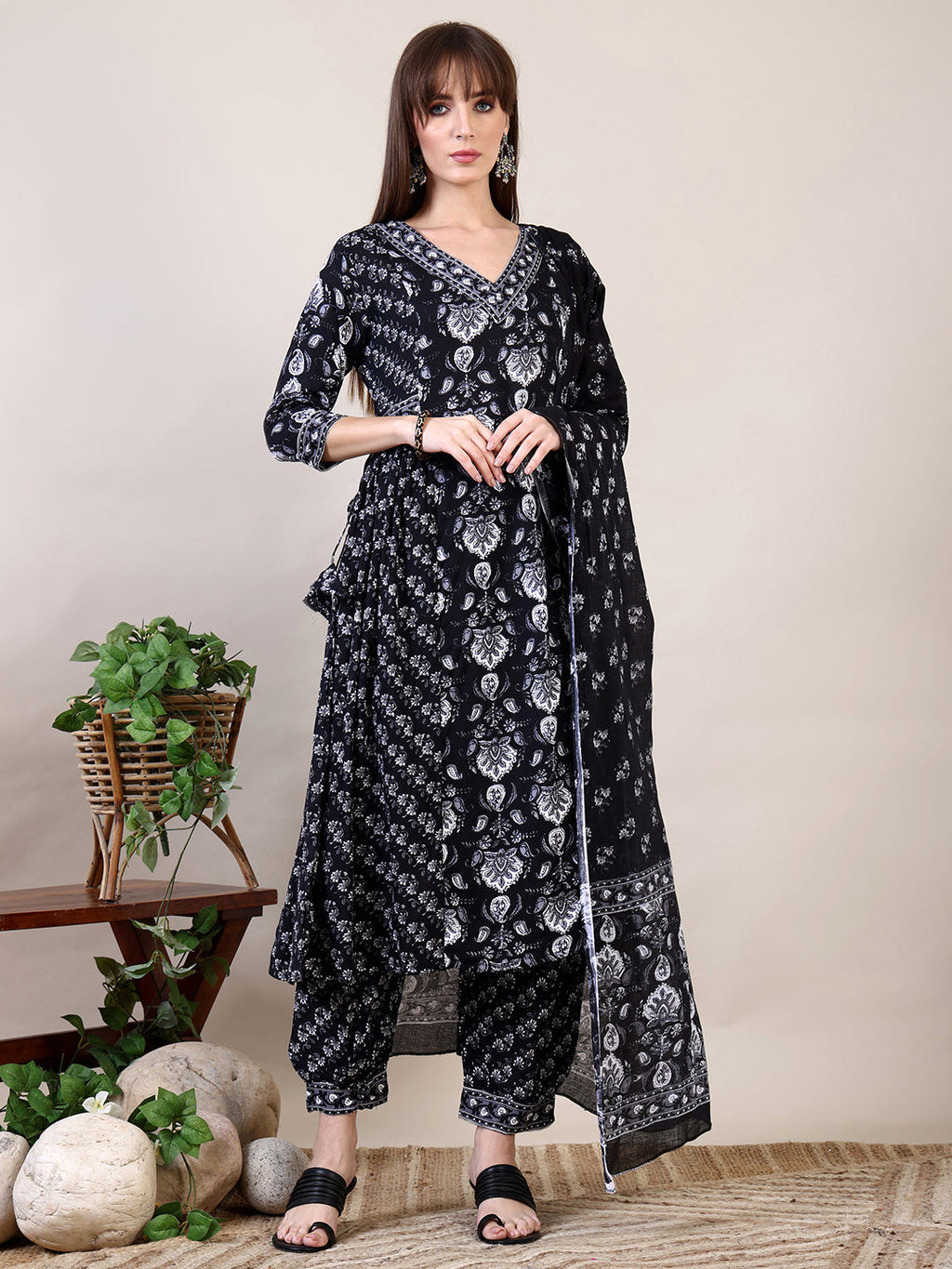 Printed Flared Kurta With Afghani Pant & Dupatta, Black - Hiral Fashion | Grocsy