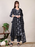 Printed Flared Kurta With Afghani Pant & Dupatta, Black - Hiral Fashion | Grocsy