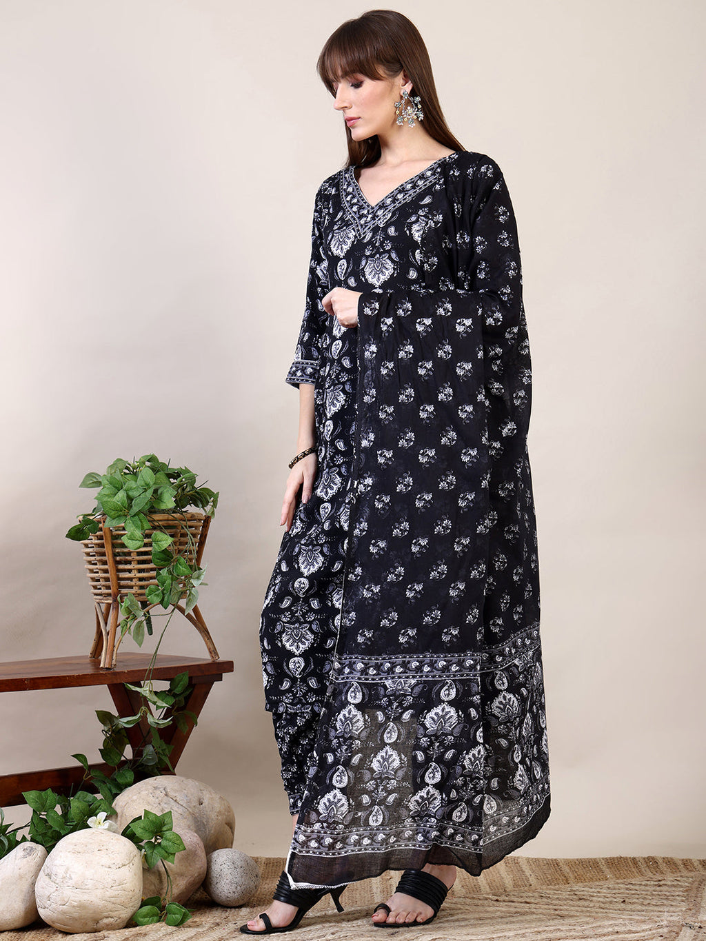 Printed Flared Kurta With Afghani Pant & Dupatta, Black - Hiral Fashion | Grocsy