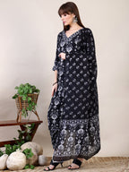 Printed Flared Kurta With Afghani Pant & Dupatta, Black - Hiral Fashion | Grocsy