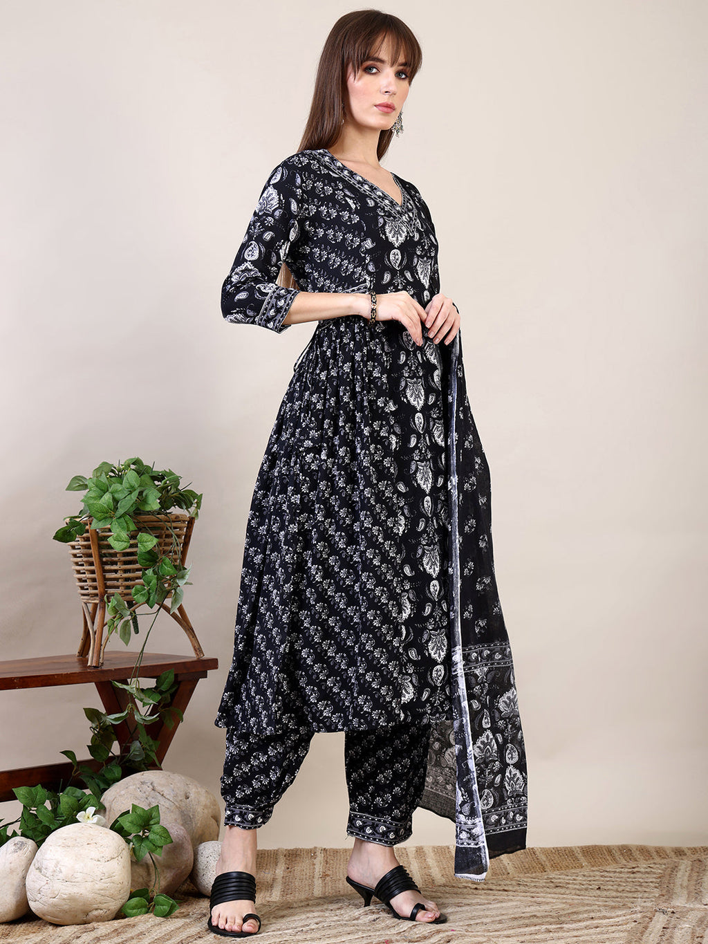 Printed Flared Kurta With Afghani Pant & Dupatta, Black - Hiral Fashion | Grocsy