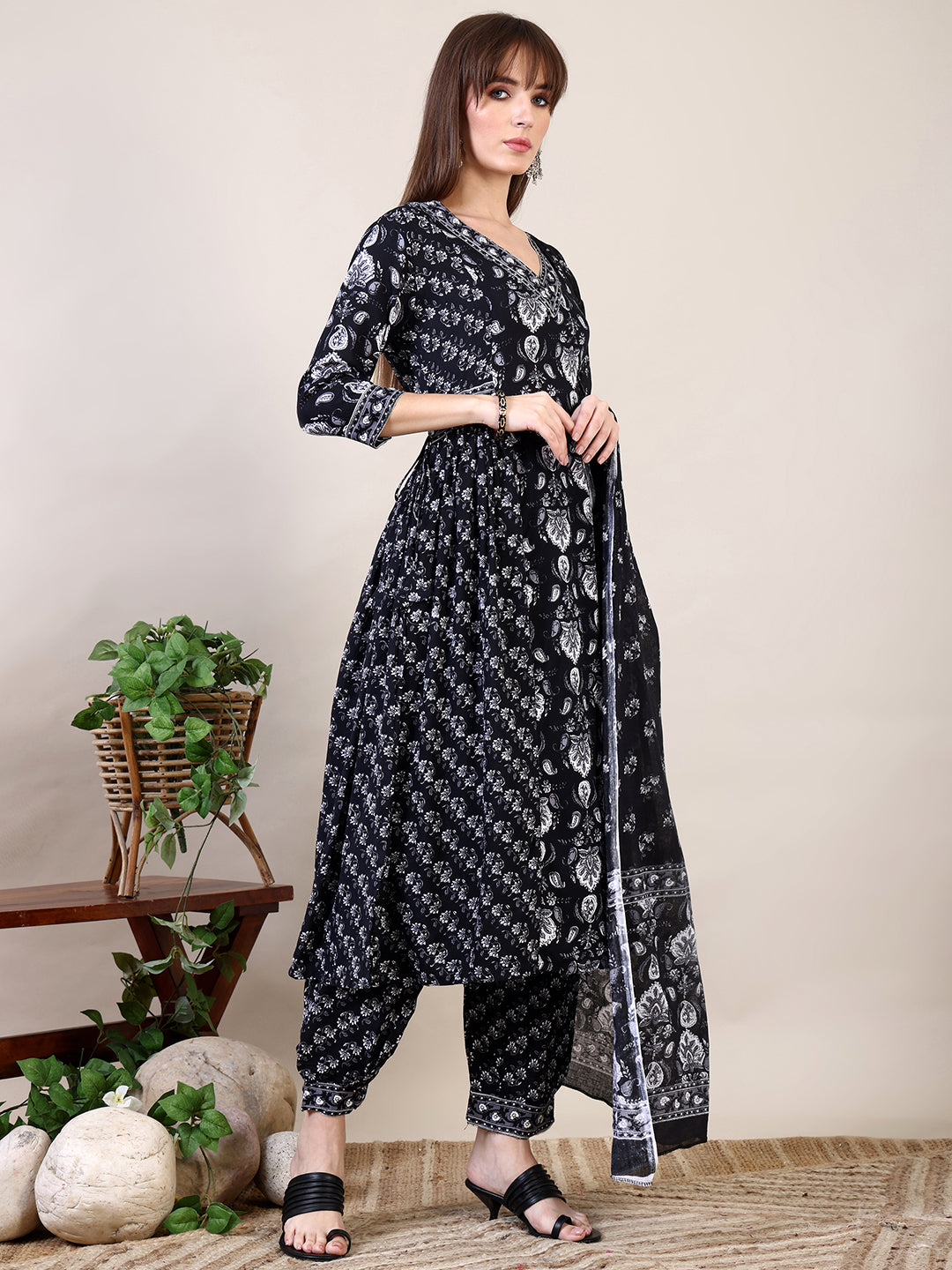 Printed Flared Kurta With Afghani Pant & Dupatta, Black - Hiral Fashion | Grocsy