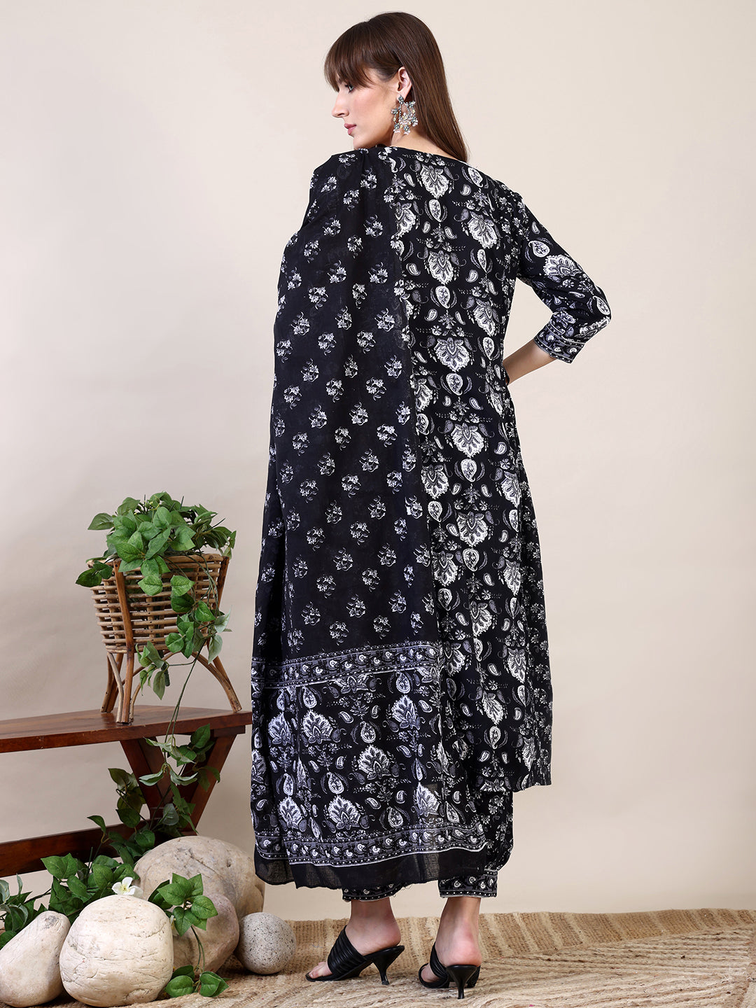 Printed Flared Kurta With Afghani Pant & Dupatta, Black - Hiral Fashion | Grocsy