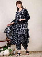 Printed Flared Kurta With Afghani Pant & Dupatta, Black - Hiral Fashion | Grocsy