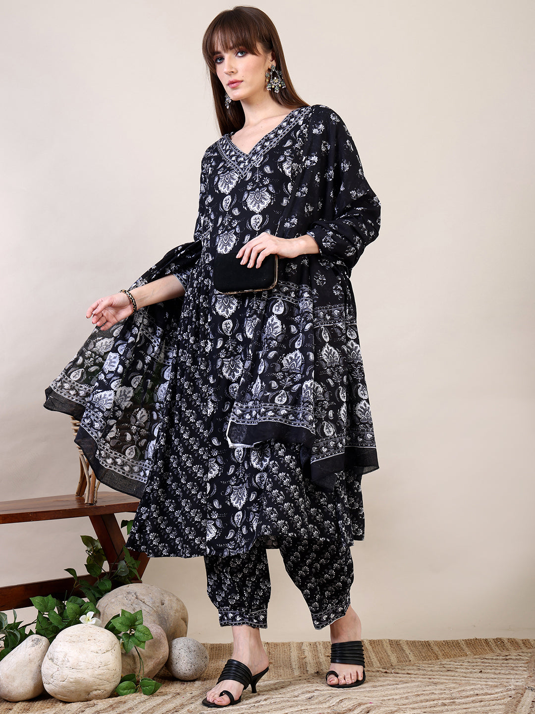 Printed Flared Kurta With Afghani Pant & Dupatta, Black - Hiral Fashion | Grocsy