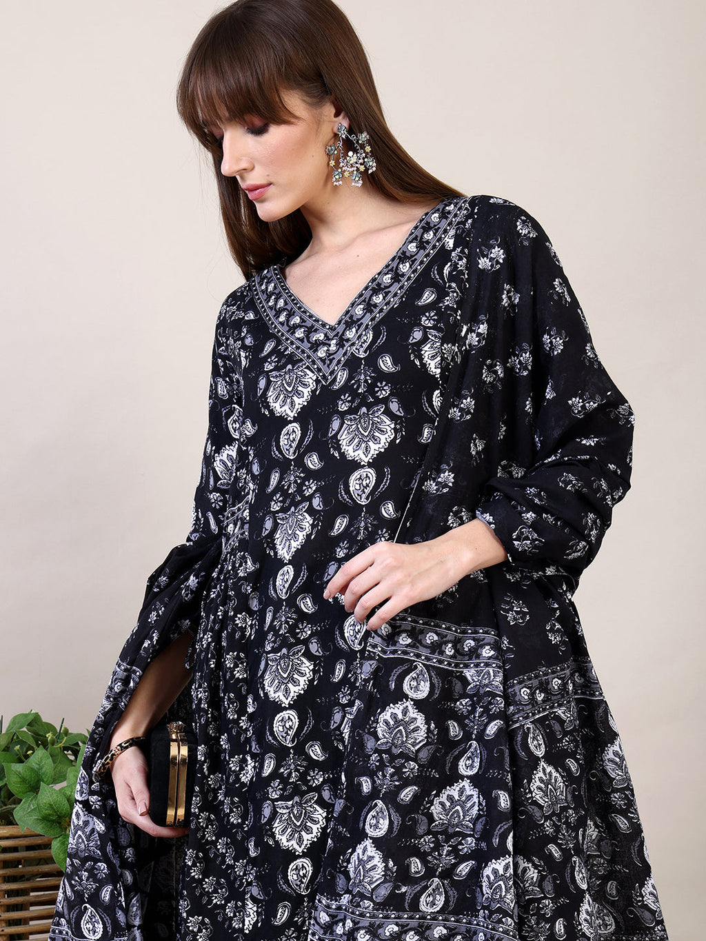 Printed Flared Kurta With Afghani Pant & Dupatta, Black - Hiral Fashion | Grocsy
