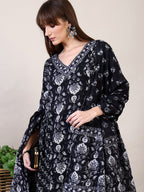 Printed Flared Kurta With Afghani Pant & Dupatta, Black - Hiral Fashion | Grocsy