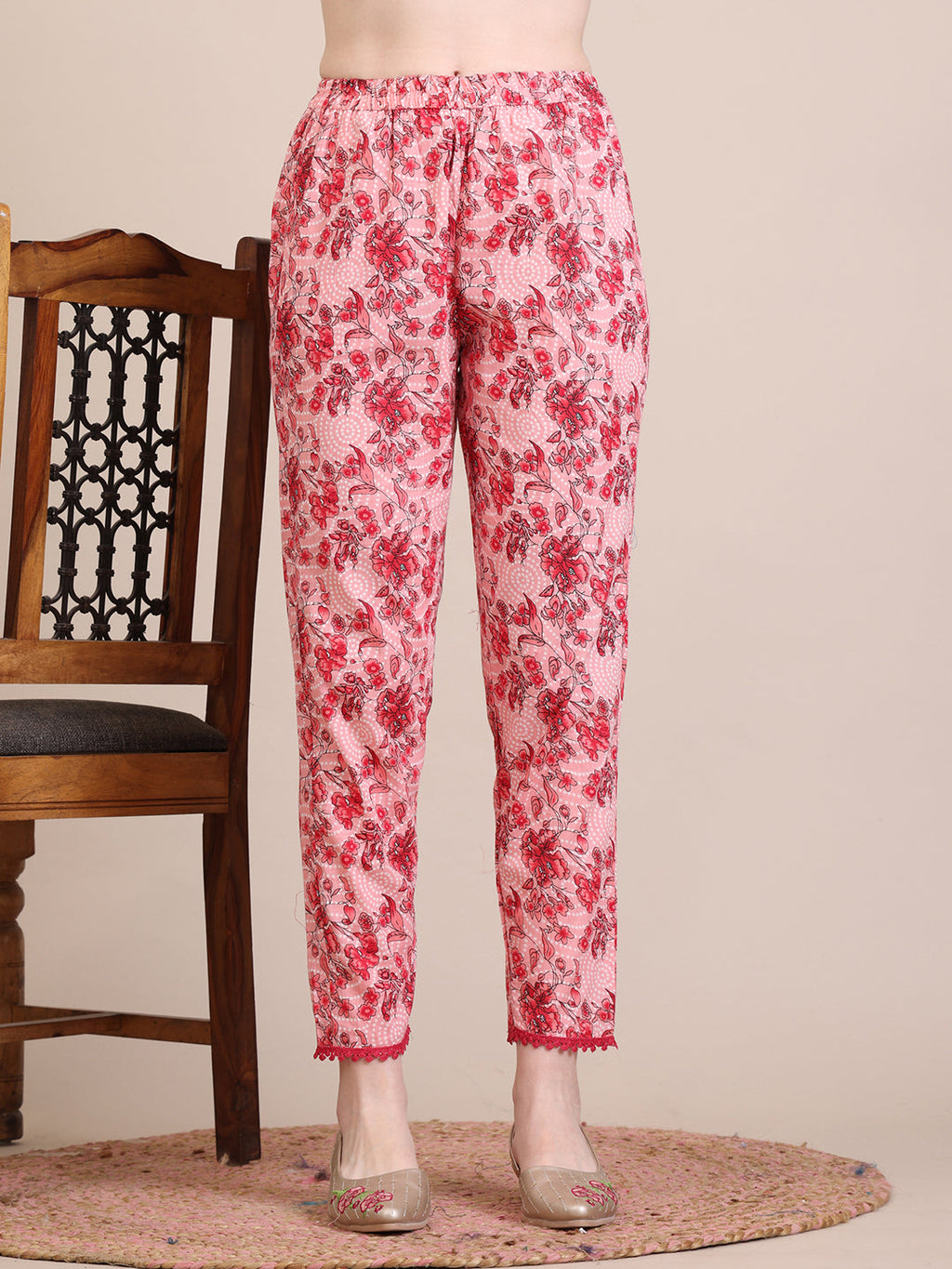 Floral Printed Flared Anarkali Kurta With Pant & Dupatta, Pink - Hiral Fashion | Grocsy