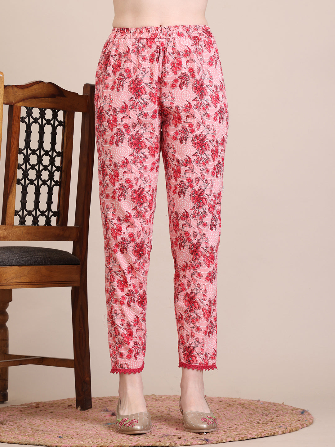 Floral Printed Flared Anarkali Kurta With Pant & Dupatta, Pink - Hiral Fashion | Grocsy