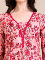 Floral Printed Flared Anarkali Kurta With Pant & Dupatta, Pink - Hiral Fashion | Grocsy