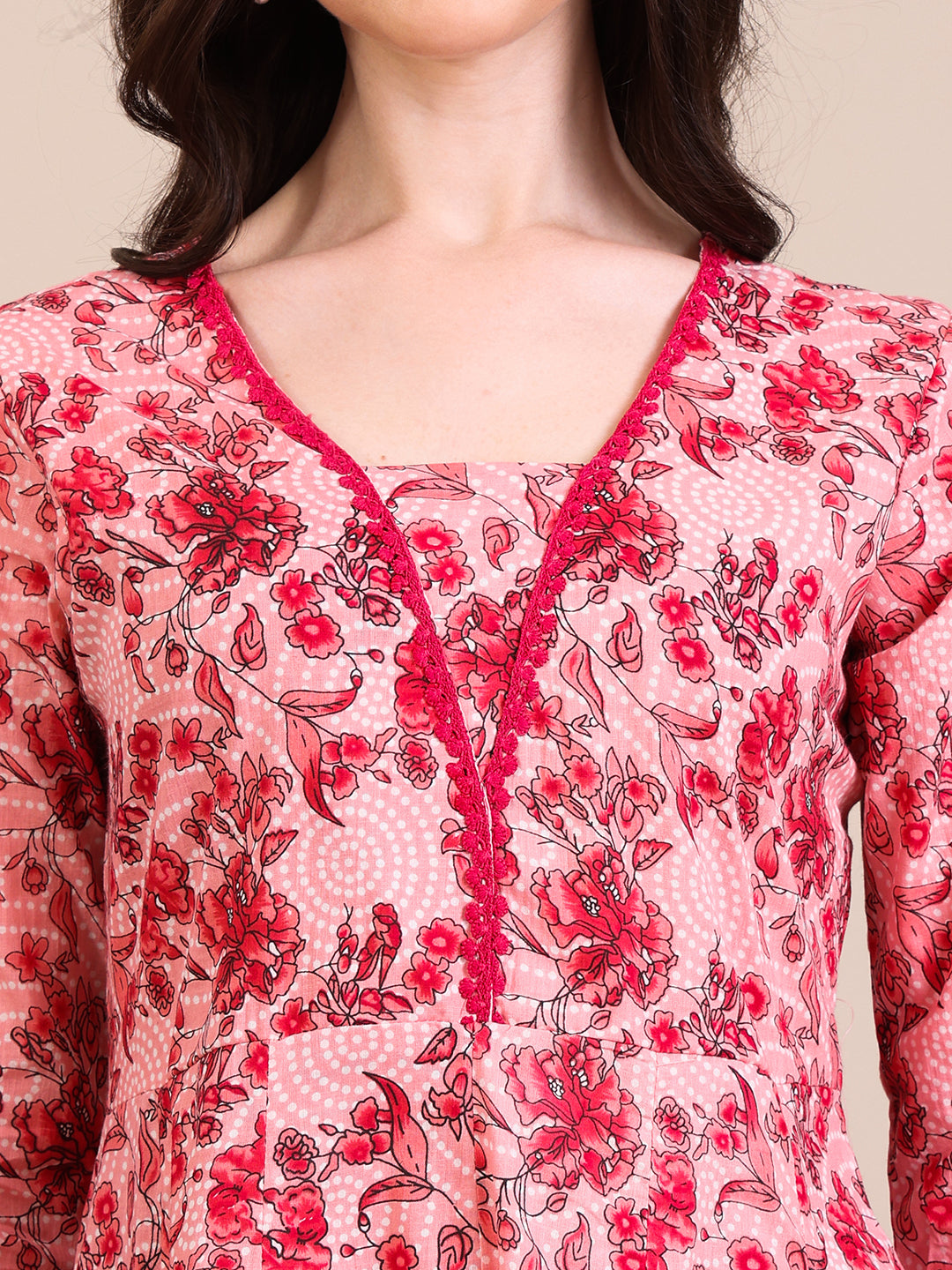 Floral Printed Flared Anarkali Kurta With Pant & Dupatta, Pink - Hiral Fashion | Grocsy