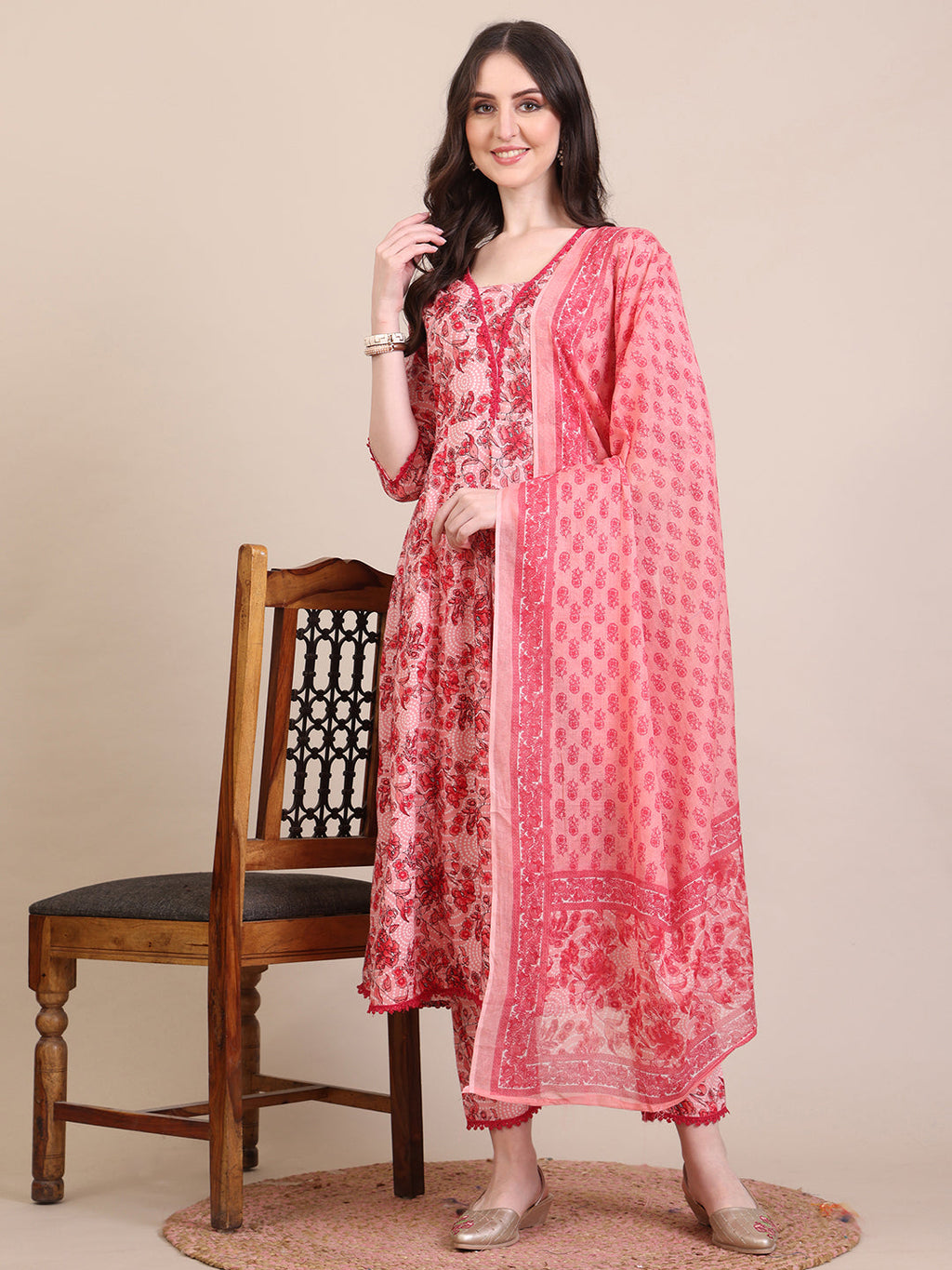 Floral Printed Flared Anarkali Kurta With Pant & Dupatta, Pink - Hiral Fashion | Grocsy