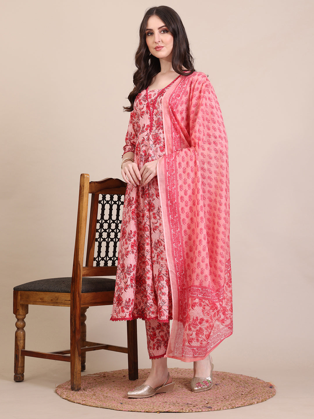 Floral Printed Flared Anarkali Kurta With Pant & Dupatta, Pink - Hiral Fashion | Grocsy