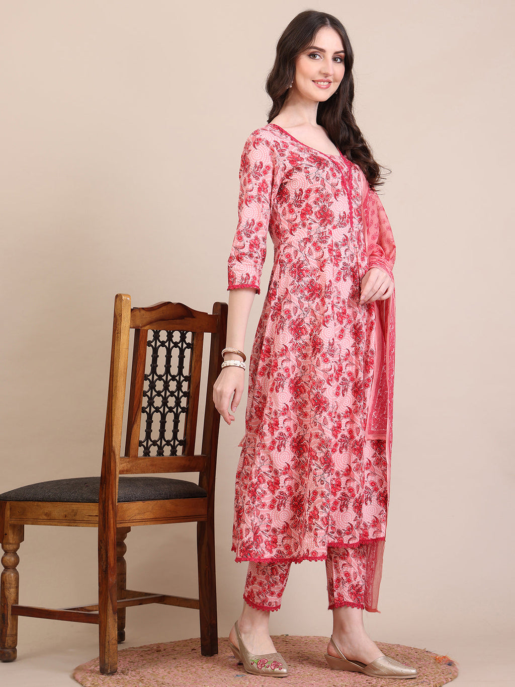 Floral Printed Flared Anarkali Kurta With Pant & Dupatta, Pink - Hiral Fashion | Grocsy