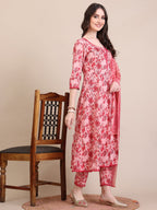 Floral Printed Flared Anarkali Kurta With Pant & Dupatta, Pink - Hiral Fashion | Grocsy