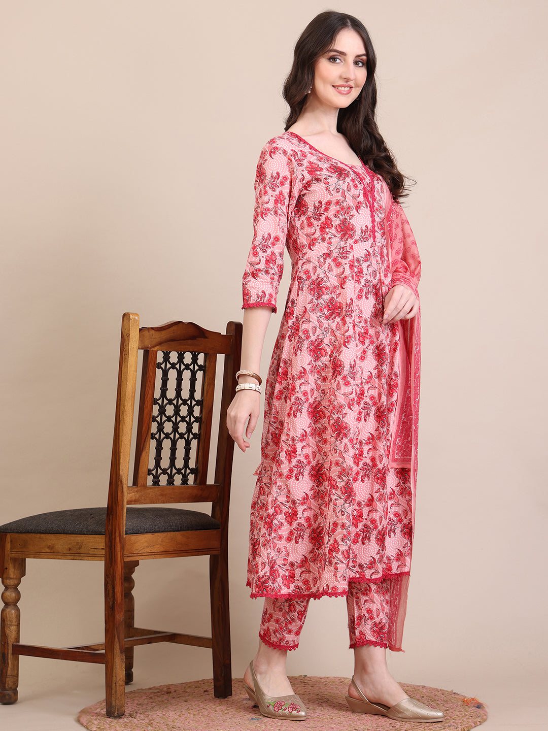 Floral Printed Flared Anarkali Kurta With Pant & Dupatta, Pink - Hiral Fashion | Grocsy