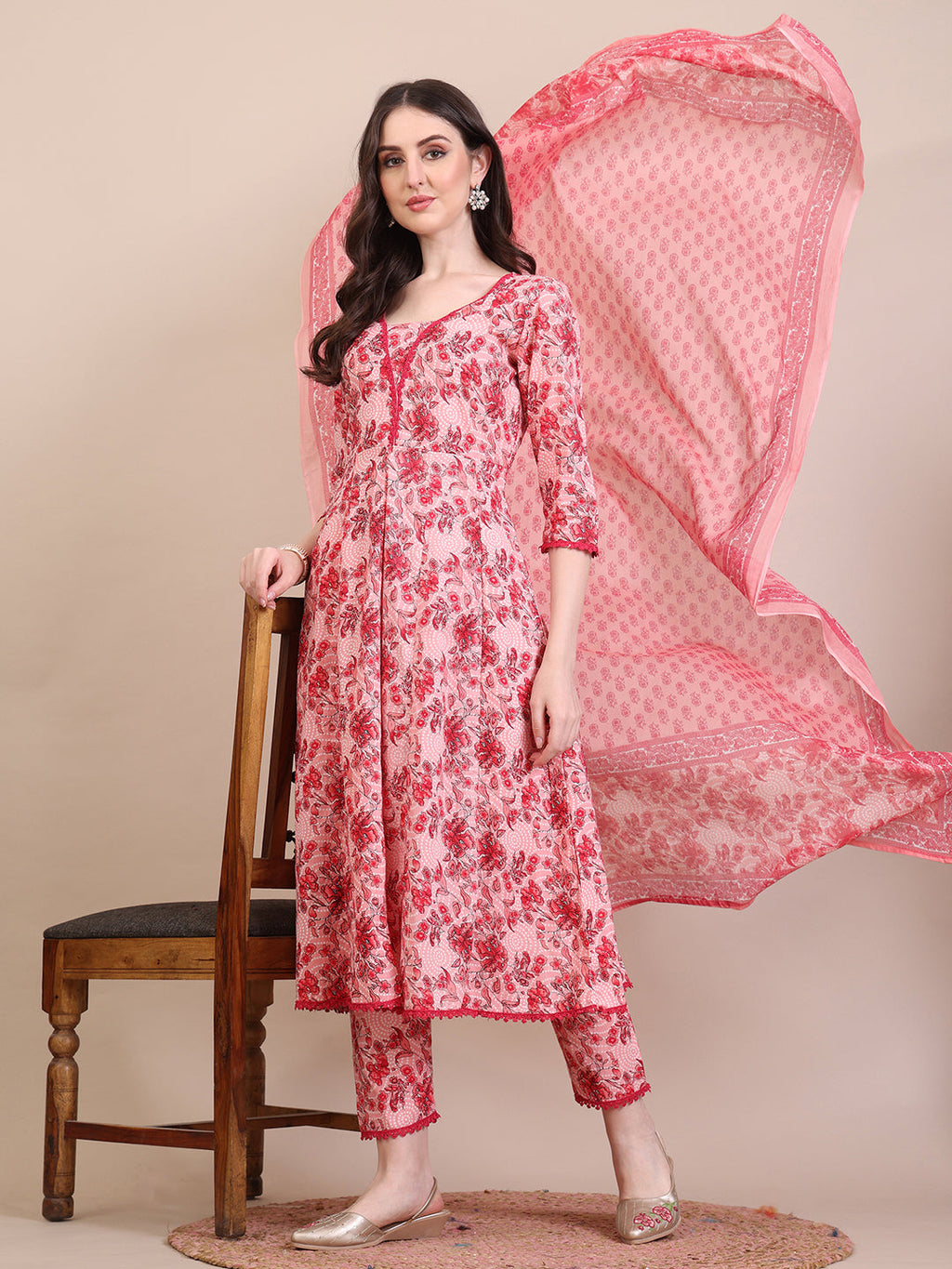 Floral Printed Flared Anarkali Kurta With Pant & Dupatta, Pink - Hiral Fashion | Grocsy