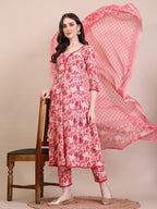 Floral Printed Flared Anarkali Kurta With Pant & Dupatta, Pink - Hiral Fashion | Grocsy