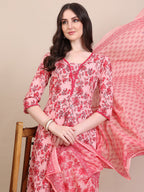 Floral Printed Flared Anarkali Kurta With Pant & Dupatta, Pink - Hiral Fashion | Grocsy