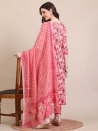 Floral Printed Flared Anarkali Kurta With Pant & Dupatta, Pink - Hiral Fashion | Grocsy