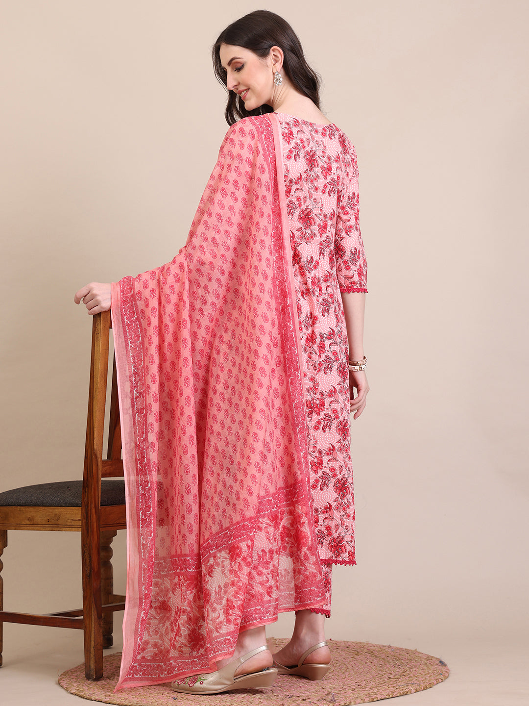 Floral Printed Flared Anarkali Kurta With Pant & Dupatta, Pink - Hiral Fashion | Grocsy