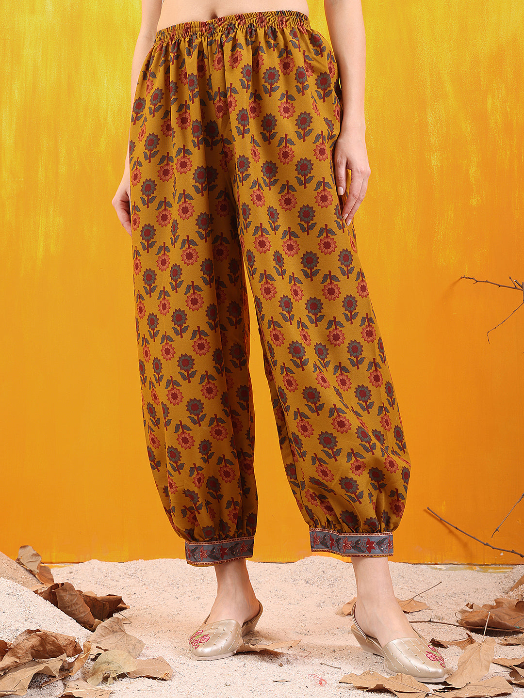 Printed Kurta With Afghani Pant & Dupatta, Mustard - Hiral Fashion | Grocsy