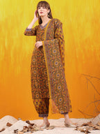 Printed Kurta With Afghani Pant & Dupatta, Mustard - Hiral Fashion | Grocsy