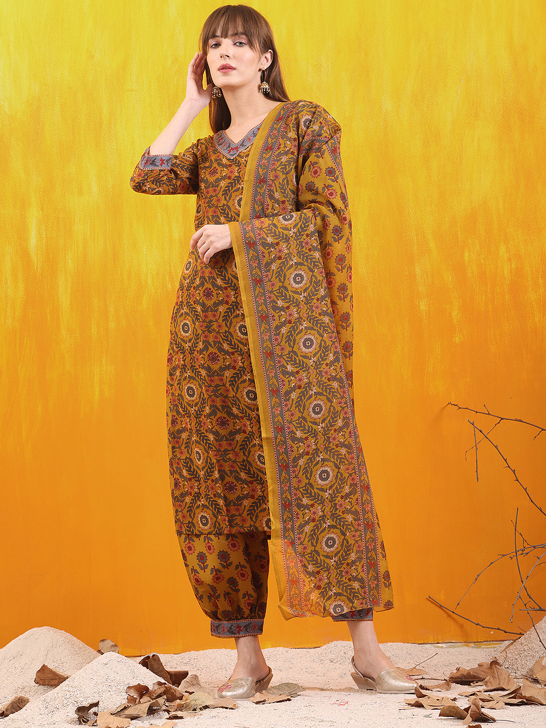 Printed Kurta With Afghani Pant & Dupatta, Mustard - Hiral Fashion | Grocsy