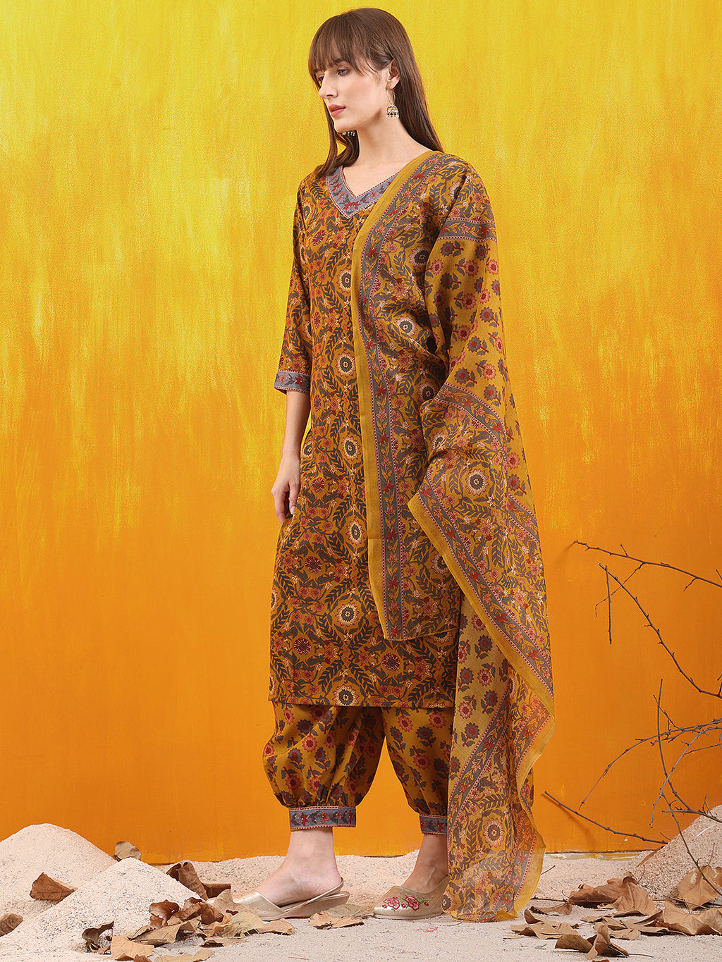Printed Kurta With Afghani Pant & Dupatta, Mustard - Hiral Fashion | Grocsy