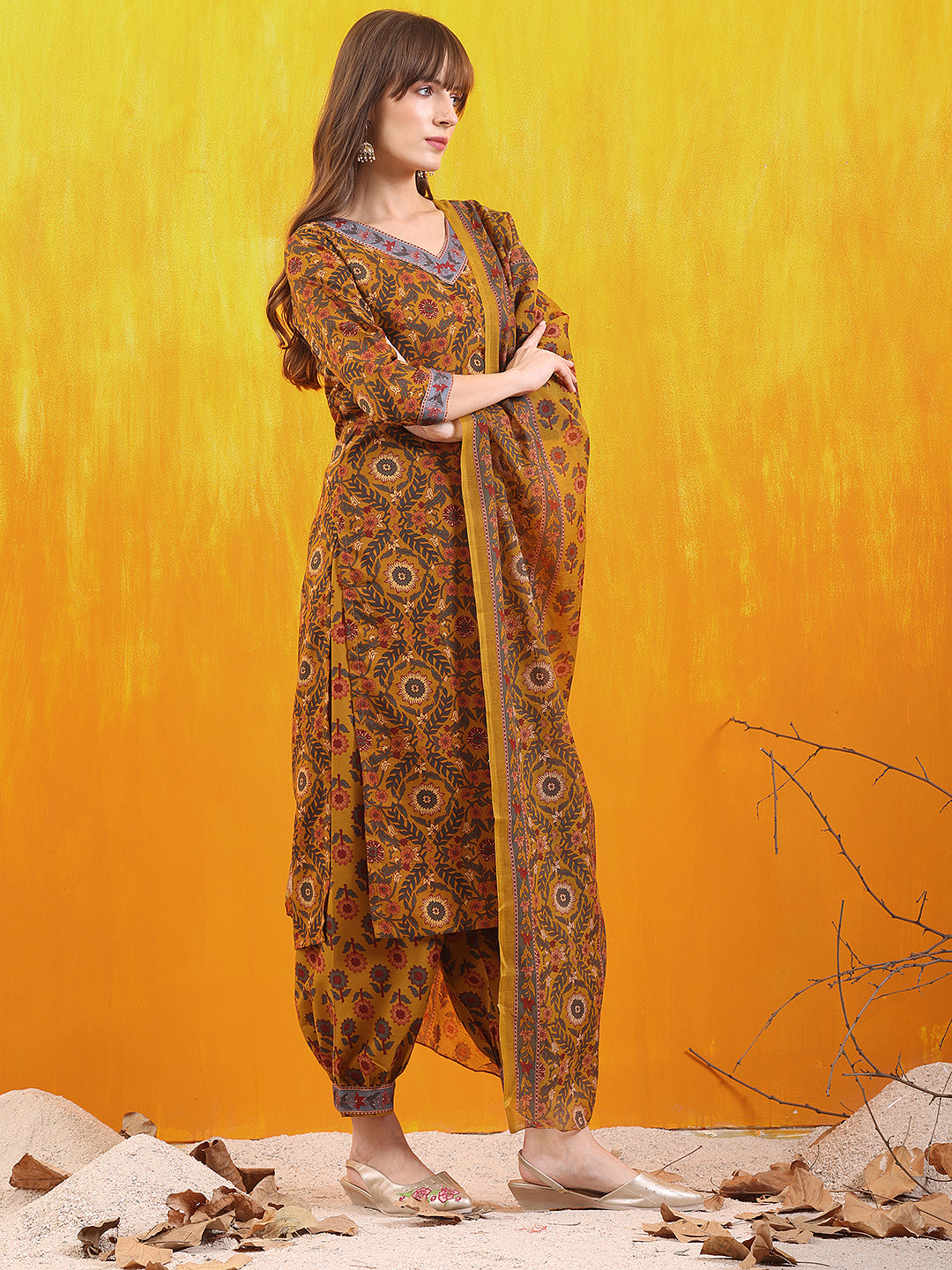 Printed Kurta With Afghani Pant & Dupatta, Mustard - Hiral Fashion | Grocsy