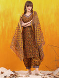 Printed Kurta With Afghani Pant & Dupatta, Mustard - Hiral Fashion | Grocsy