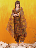 Printed Kurta With Afghani Pant & Dupatta, Mustard - Hiral Fashion | Grocsy