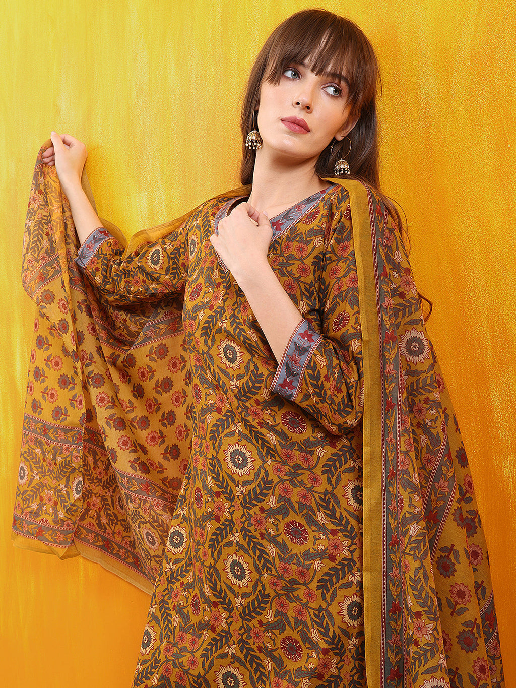 Printed Kurta With Afghani Pant & Dupatta, Mustard - Hiral Fashion | Grocsy