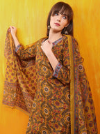 Printed Kurta With Afghani Pant & Dupatta, Mustard - Hiral Fashion | Grocsy