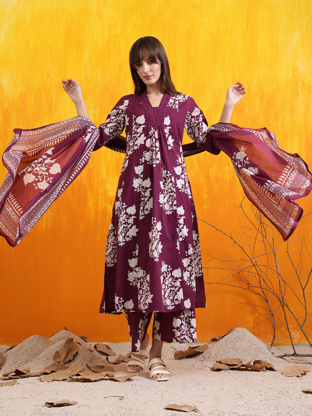 Embroidered & Printed Flared Kurta With Pant & Dupatta, Purple - Hiral Fashion | Grocsy