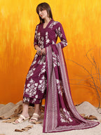 Embroidered & Printed Flared Kurta With Pant & Dupatta, Purple - Hiral Fashion | Grocsy