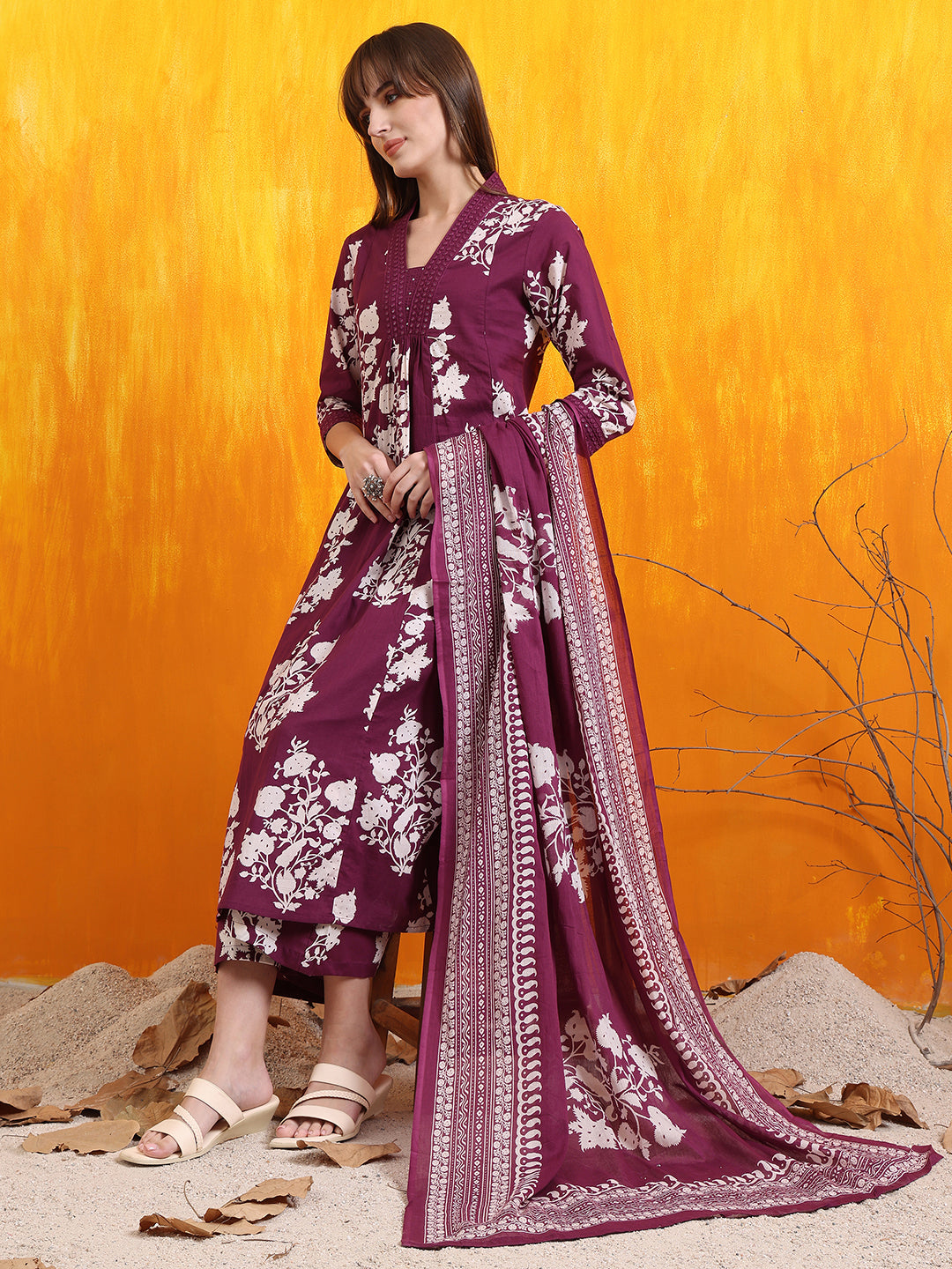 Embroidered & Printed Flared Kurta With Pant & Dupatta, Purple - Hiral Fashion | Grocsy