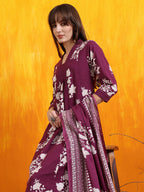 Embroidered & Printed Flared Kurta With Pant & Dupatta, Purple - Hiral Fashion | Grocsy