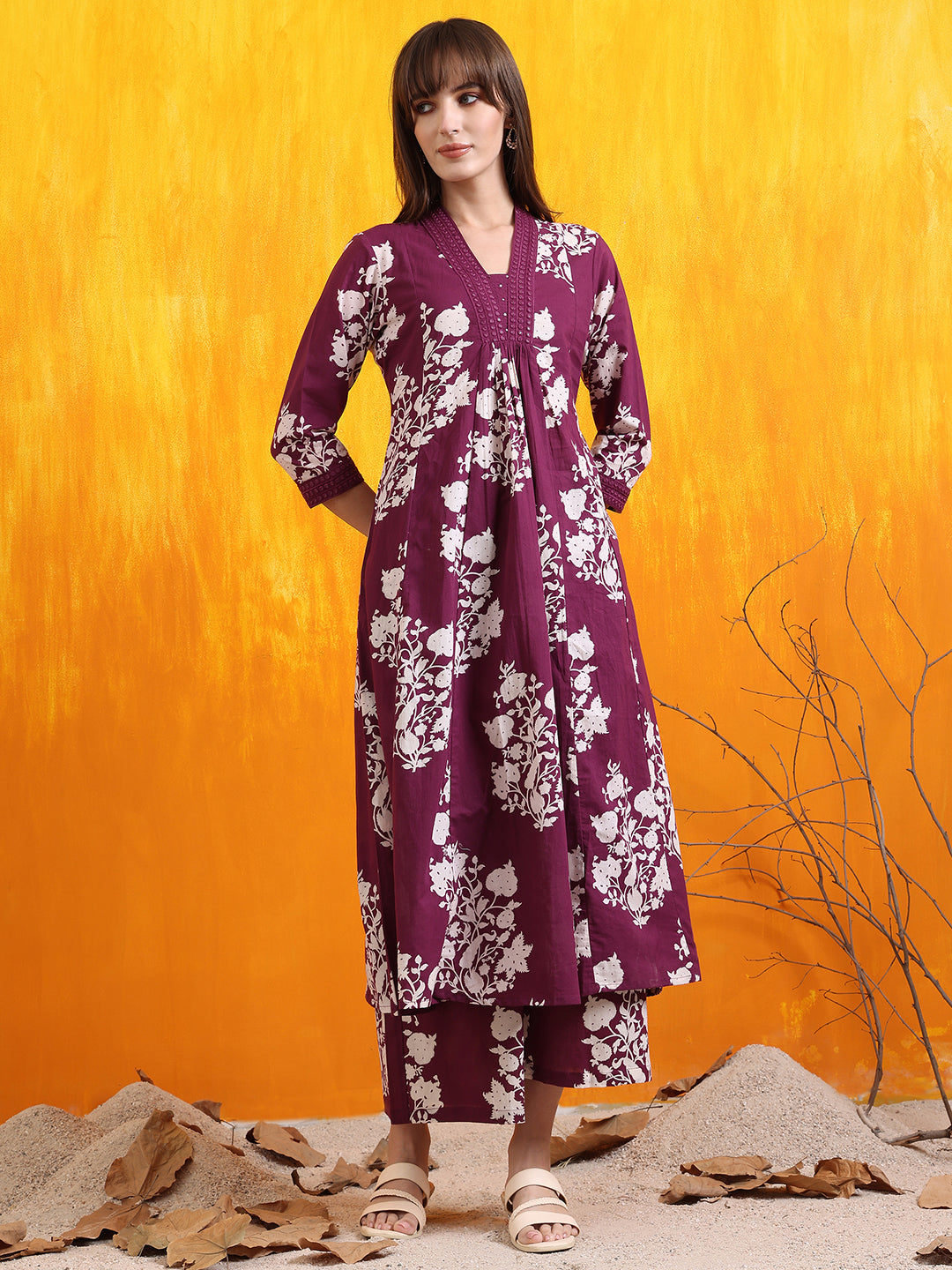 Embroidered & Printed Flared Kurta With Pant & Dupatta, Purple - Hiral Fashion | Grocsy
