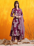 Embroidered & Printed Flared Kurta With Pant & Dupatta, Purple - Hiral Fashion | Grocsy