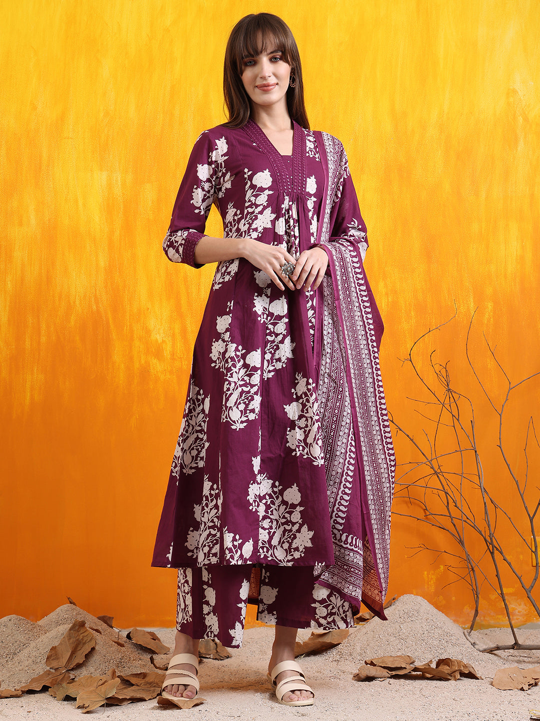 Embroidered & Printed Flared Kurta With Pant & Dupatta, Purple - Hiral Fashion | Grocsy