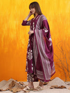 Embroidered & Printed Flared Kurta With Pant & Dupatta, Purple - Hiral Fashion | Grocsy