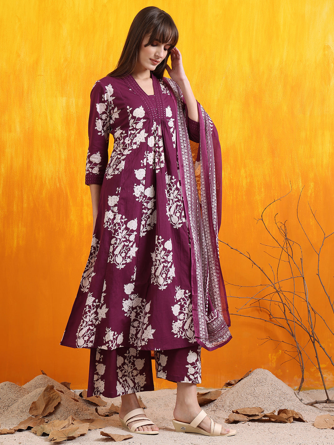 Embroidered & Printed Flared Kurta With Pant & Dupatta, Purple - Hiral Fashion | Grocsy