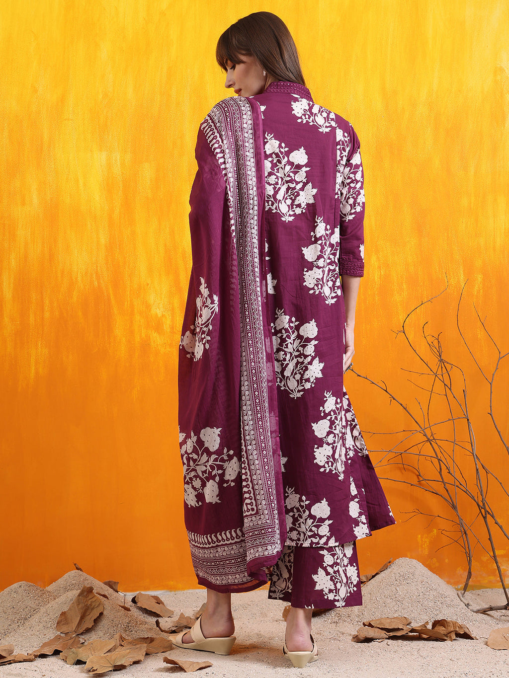 Embroidered & Printed Flared Kurta With Pant & Dupatta, Purple - Hiral Fashion | Grocsy