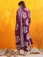 Embroidered & Printed Flared Kurta With Pant & Dupatta, Purple - Hiral Fashion | Grocsy