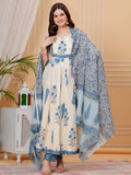Ethnic Motifs Printed Anarkali Kurta With Pant & Dupatta, Aqua-Blue - Hiral Fashion | Grocsy